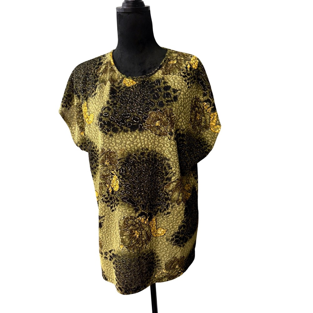 TanJay Womens 1X Tunic Top Olive Green Gold Leopard Floral Metallic Short Sleeve